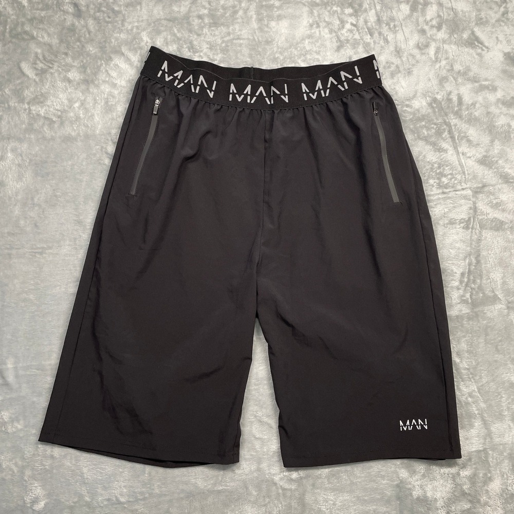 boohooMAN Athletic‎ Shorts Mens XXL Black Branded Waistband Zippered Pockets